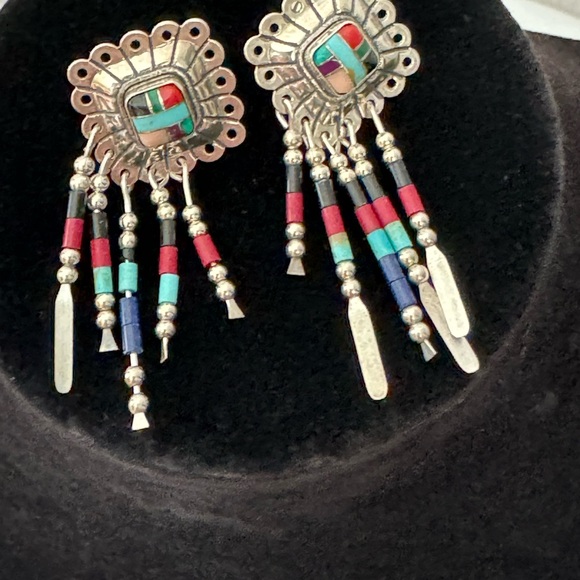 Vintage Sterling Zuni Earrings Coral Lapis and Turquoise signed Q.T. - Picture 3 of 7